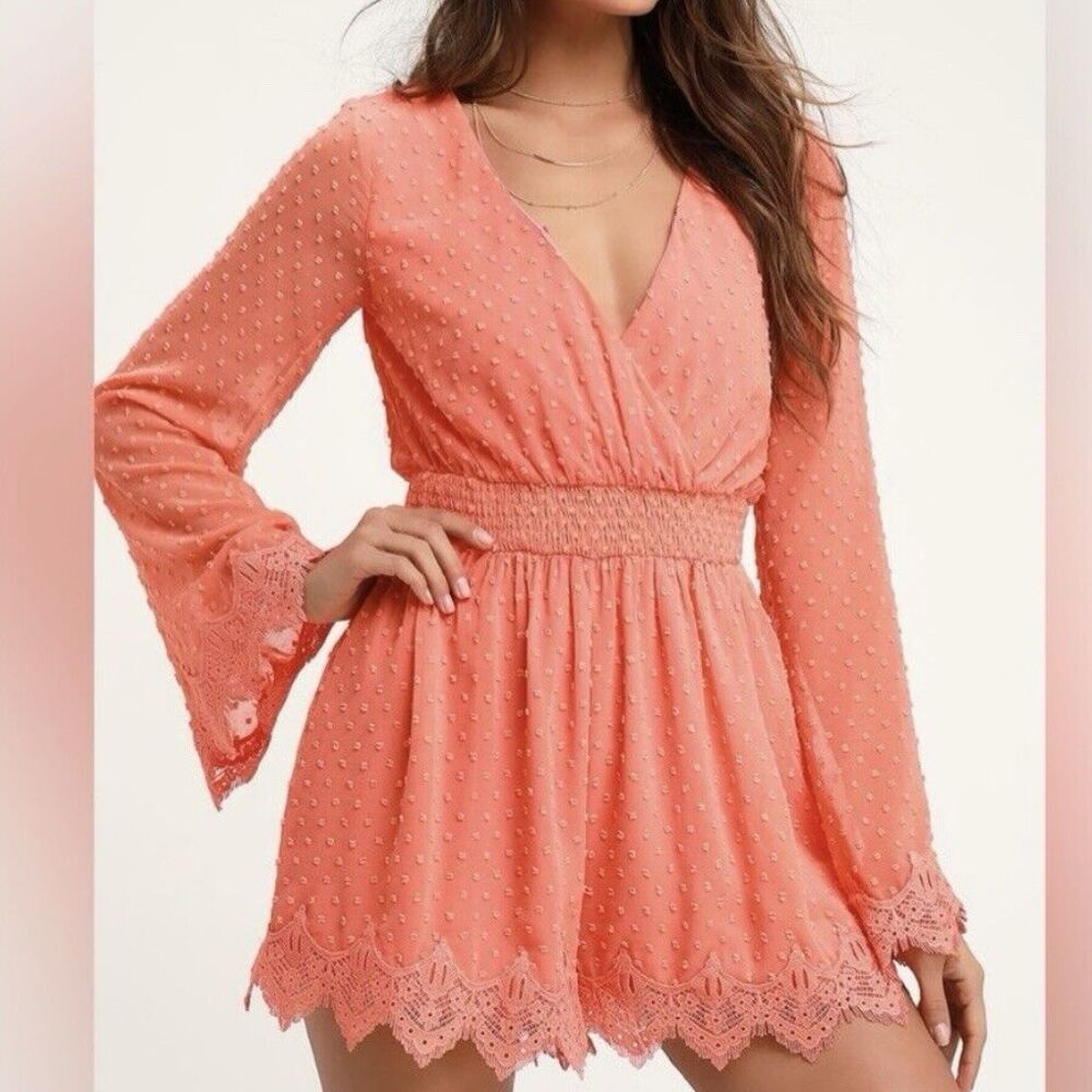 NWT Lulus Meadowlake Coral Orange Swiss Dot Lace Bell Sleeve Romper Size SMALL